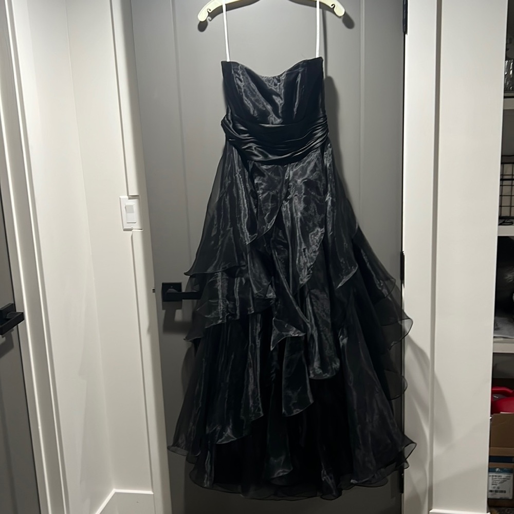 Black Strapless Ruffled Evening Gown